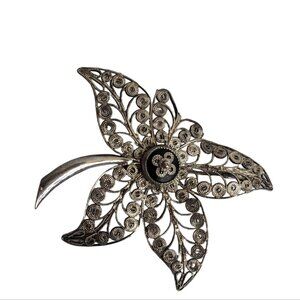 Vintage 925 Sterling Silver Filigree Flower‎ Brooch Pin